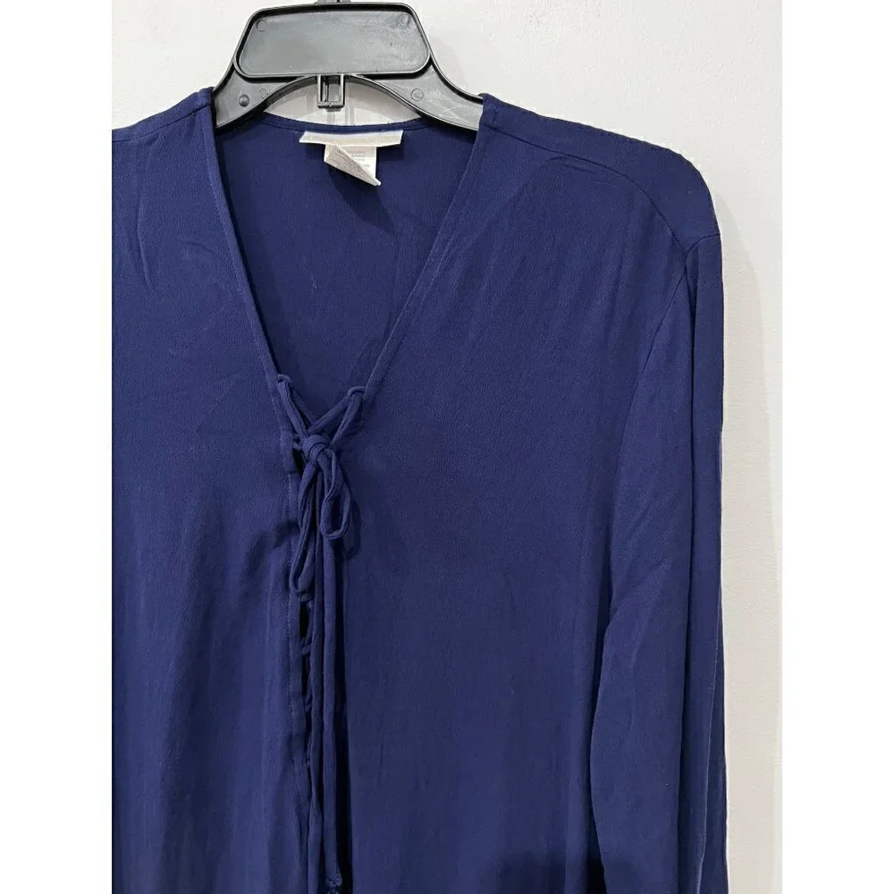 New La Blanca Size L V-Neck Cover-Up Tunic Dress Pockets tassel trim Navy Blue